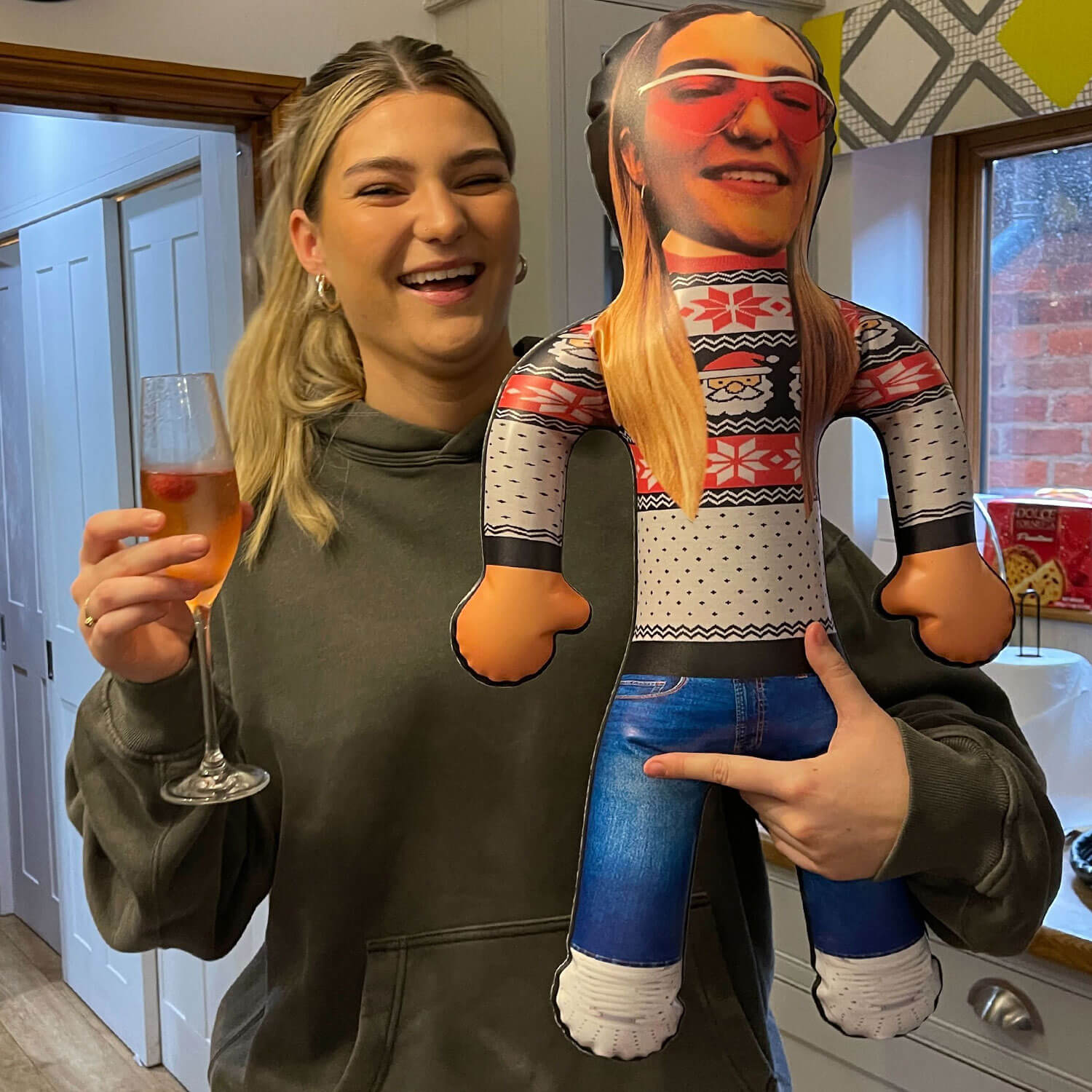 Polka Dot Christmas Jumper With Santa Faces Blow Up Doll