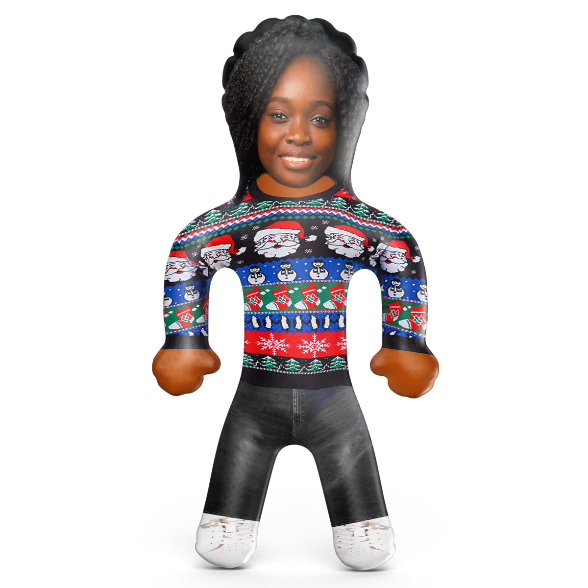 Black Christmas Jumper With Santa Snowmen & Penguins Blow Up Doll